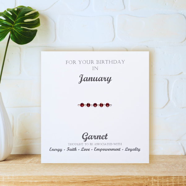 Garnet January Birthstone card displayed on a wooden shelf in front of a white wall.