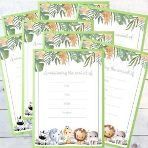 The background consists of whitewashed boards featuring a pack eight Jungle Babies Birth Announcements that showcase a wild animal theme. Exotic leaves adorn the top, while adorable animals are displayed across the bottom. There are designated spaces to announce the arrival of the newest family member and a colour coordinated envelope.