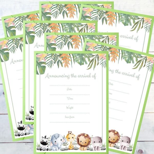 The background consists of whitewashed boards featuring a pack eight Jungle Babies Birth Announcements that showcase a wild animal theme. Exotic leaves adorn the top, while adorable animals are displayed across the bottom. There are designated spaces to announce the arrival of the newest family member and a colour coordinated envelope.