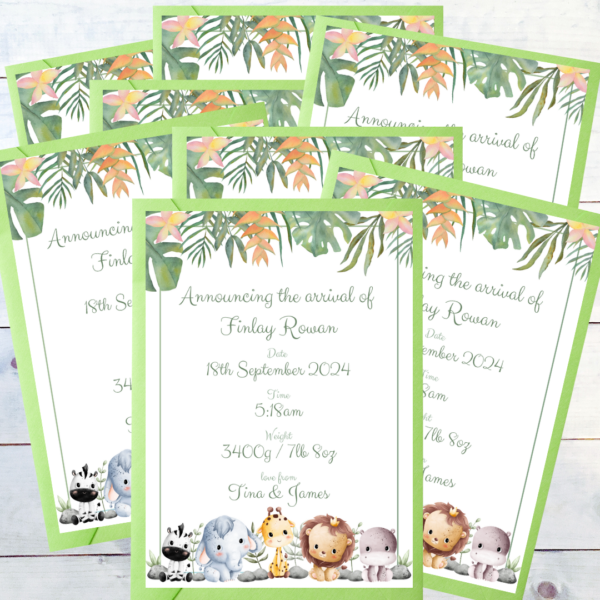 The background consists of whitewashed boards featuring a pack eight Jungle Babies Birth Announcements that showcase a wild animal theme. Exotic leaves adorn the top, while adorable animals are displayed across the bottom. The essential details to announce the arrival of the newest family member are fully completed and a each postcard has a colour coordinated envelope.