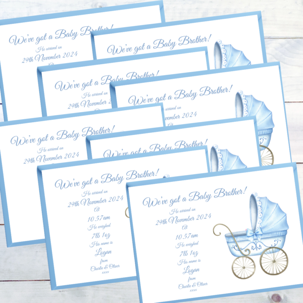 Pack of 8 fully personalised Baby Announcements Traditional Pram with blue envelopes