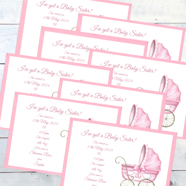 Pack of 8 fully personalised Baby Announcements Traditional Pram with pink envelopes