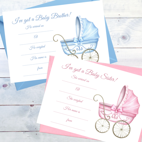 Ready to write Baby Announcements Pack of 8 Traditional Pram with pink or blue envelopes