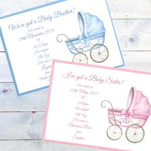 Pack of 8 fully personalised Baby Announcements Traditional Pram birth announcements in pink and blue