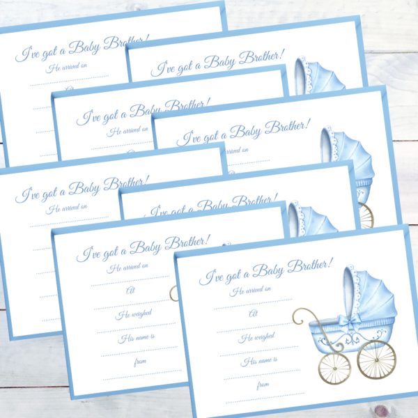 Ready to write Baby Announcements Pack of 8 Traditional Pram with blue envelopes