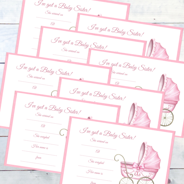 Ready to write Baby Announcements Pack of 8 Traditional Pram with pink envelopes