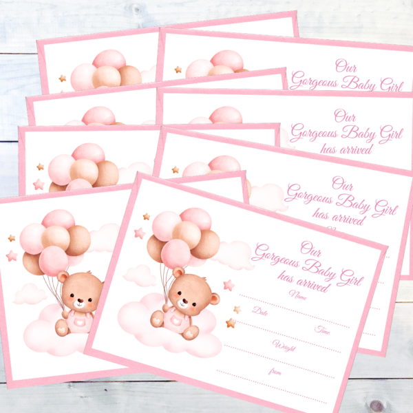 The background consists of whitewashed boards featuring a pack of eight Birth Announcements. with a Teddy floating by holding onto a bunch of balloons. There are designated spaces to announce the arrival of the newest family member and a colour coordinated envelope.