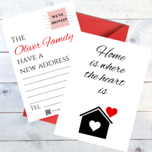 Picture shows front and back of Home is Where the Heart Is postcard style 'Home is where the Heart is' change of address cards with a coloured envelope on whitewashed timber boards