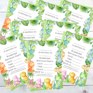 Fun Dinosaur birthday invitation design with jungle leaves displayed on whitewashed boards