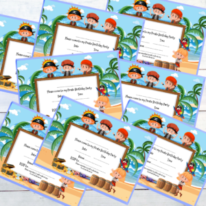 Fun Pirate Party Invitations displayed on whitewashed boards